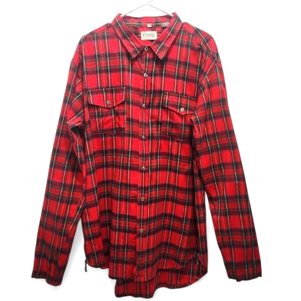 Fwrd Denim & Co Men's 2xl Red Plaid Button Down Zipper Accents Elbow Patches